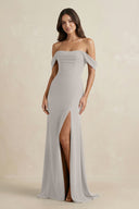 Off - the - Shoulder Sheath Bridesmaid Dress with Slit in Silver - KISS BRIDAL Bridesmaid Dresses