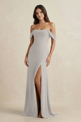 Off - the - Shoulder Sheath Bridesmaid Dress with Slit in Silver - KISS BRIDAL Bridesmaid Dresses