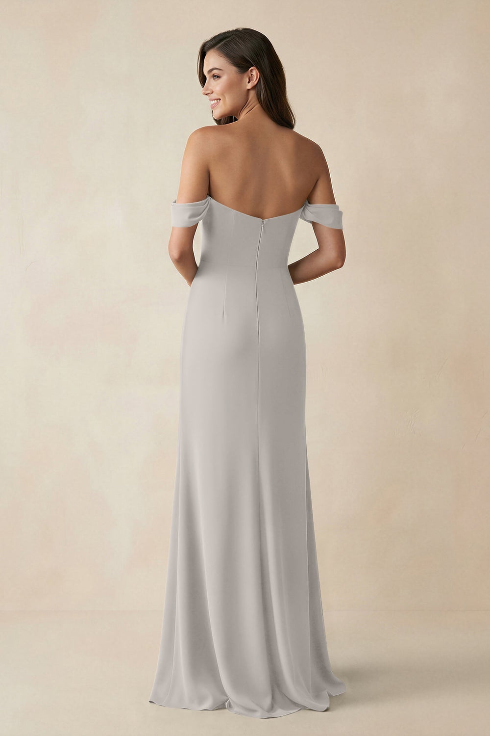 Off - the - Shoulder Sheath Bridesmaid Dress with Slit in Silver - KISS BRIDAL Bridesmaid Dresses