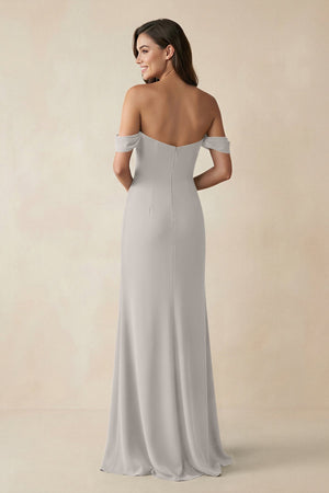Off - the - Shoulder Sheath Bridesmaid Dress with Slit in Silver - KISS BRIDAL Bridesmaid Dresses