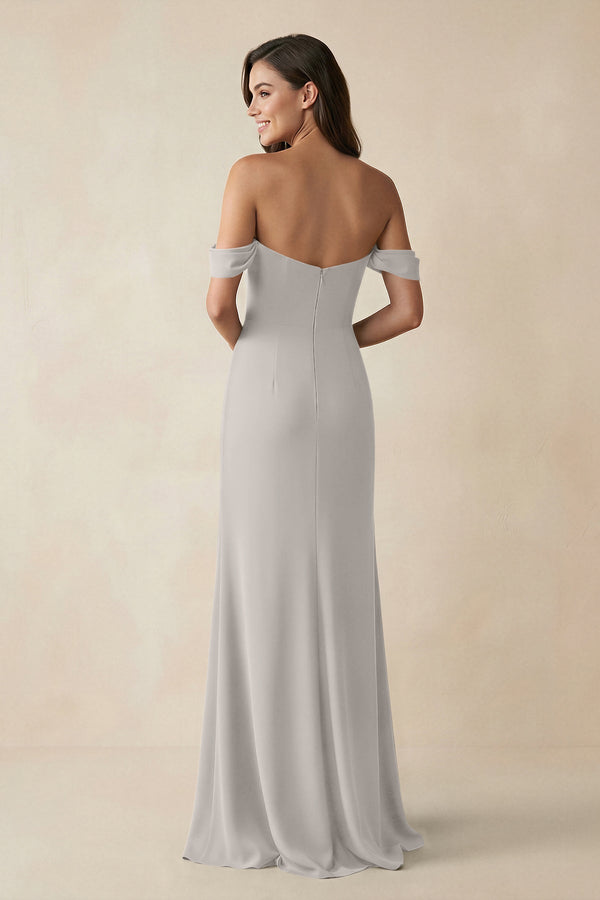 Off - the - Shoulder Sheath Bridesmaid Dress with Slit in Silver - KISS BRIDAL Bridesmaid Dresses