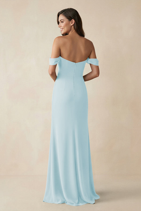 Off - the - Shoulder Sheath Bridesmaid Dress with Slit in Sky Blue - KISS BRIDAL Bridesmaid Dresses