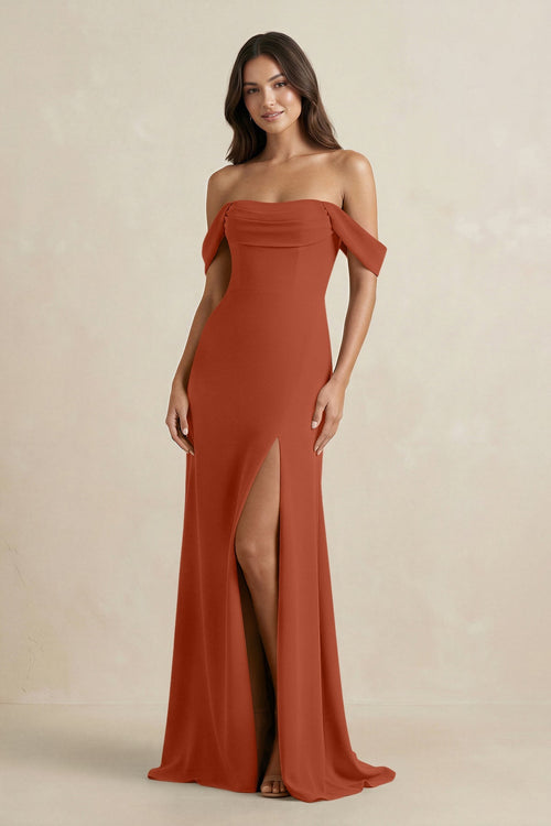 Off - the - Shoulder Sheath Bridesmaid Dress with Slit in Spice - KISS BRIDAL Bridesmaid Dresses