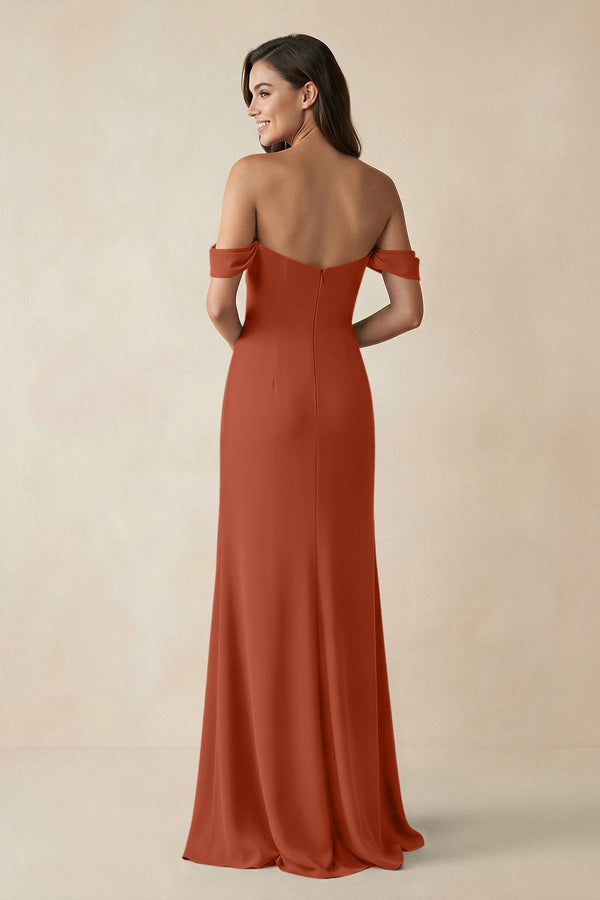 Off - the - Shoulder Sheath Bridesmaid Dress with Slit in Spice - KISS BRIDAL Bridesmaid Dresses