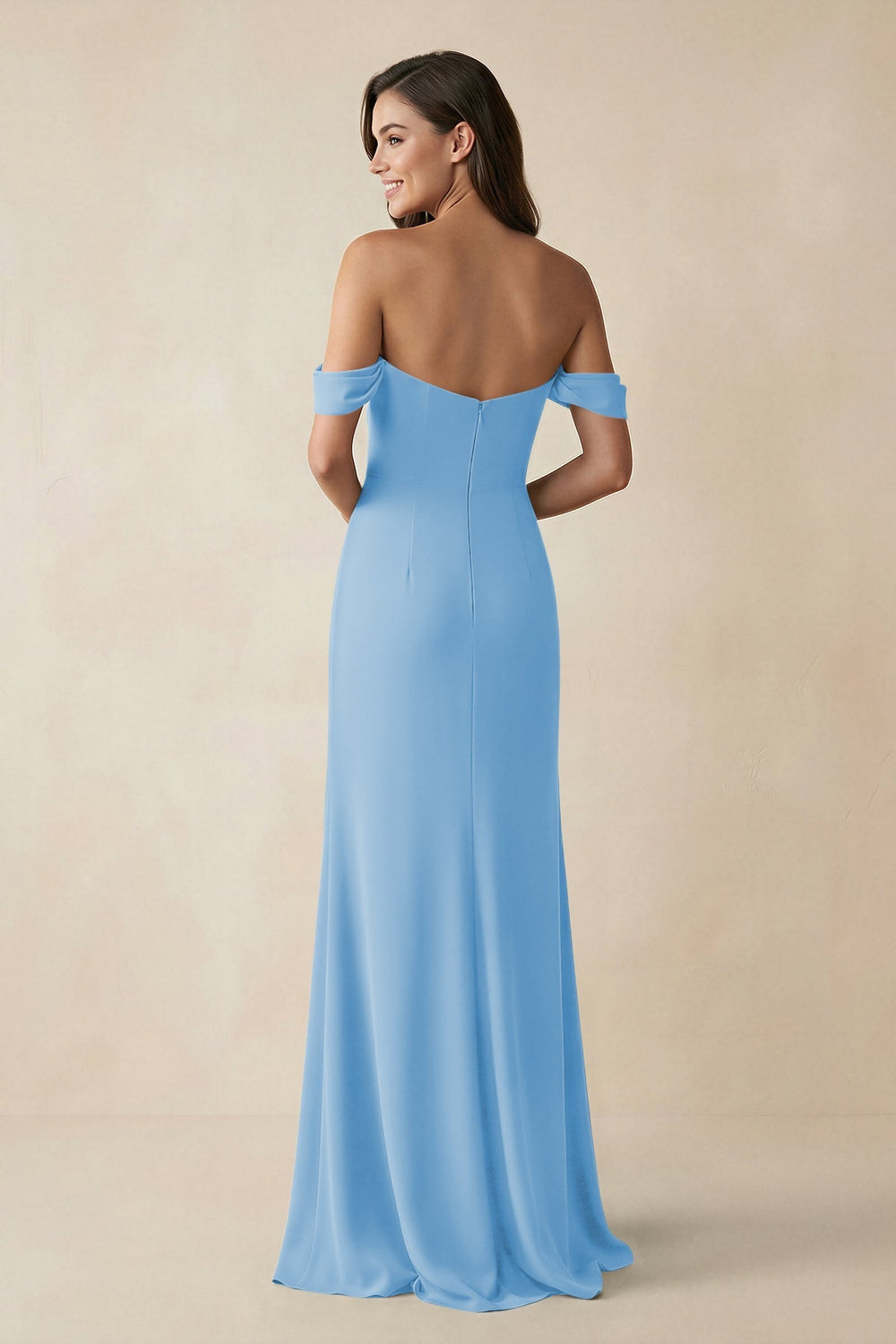 Off - the - Shoulder Sheath Bridesmaid Dress with Slit in Steel Blue - KISS BRIDAL Bridesmaid Dresses