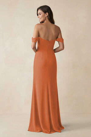 Off - the - Shoulder Sheath Bridesmaid Dress with Slit in Terracotta - KISS BRIDAL Bridesmaid Dresses