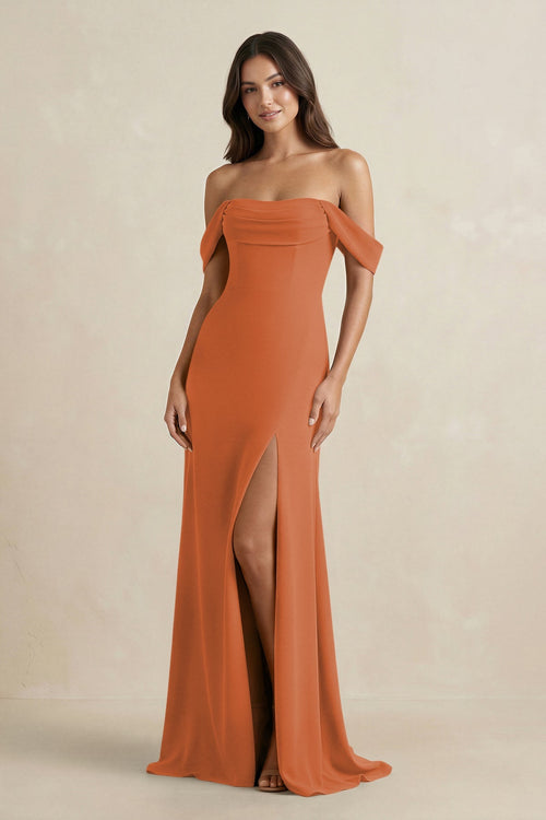 Off - the - Shoulder Sheath Bridesmaid Dress with Slit in Terracotta - KISS BRIDAL Bridesmaid Dresses