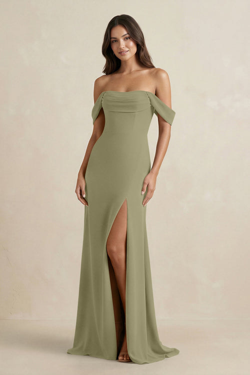Off - the - Shoulder Sheath Bridesmaid Dress with Slit in Thyme - SHE IS ME Bridesmaid Dresses