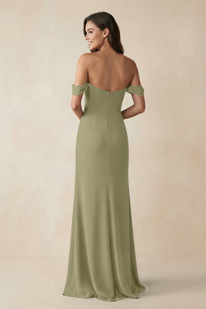Off - the - Shoulder Sheath Bridesmaid Dress with Slit in Thyme - SHE IS ME Bridesmaid Dresses