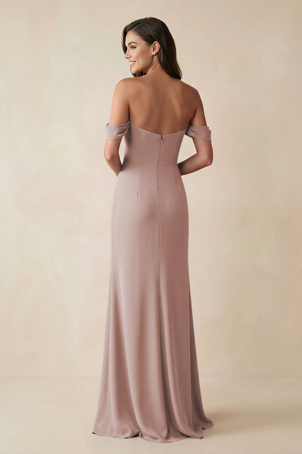Off-the-Shoulder Sheath Bridesmaid Dress with Slit in Toffee (2) | KISSBRIDAL