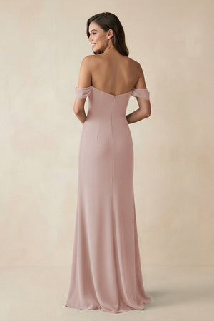 Off - the - Shoulder Sheath Bridesmaid Dress with Slit in Toffee - KISS BRIDAL Bridesmaid Dresses