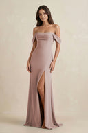 Off-the-Shoulder Sheath Bridesmaid Dress with Slit in Toffee | KISSBRIDAL