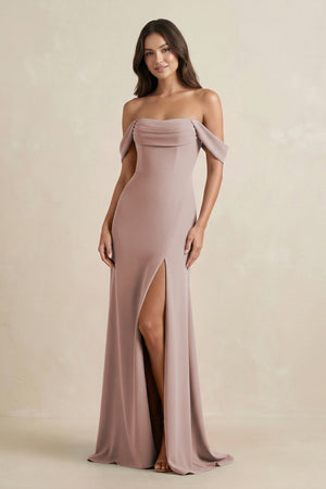 Off-the-Shoulder Sheath Bridesmaid Dress with Slit in Toffee | KISSBRIDAL