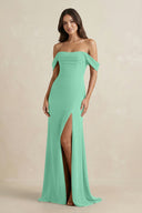 Off - the - Shoulder Sheath Bridesmaid Dress with Slit in Turquoise - KISS BRIDAL Bridesmaid Dresses