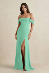 Off - the - Shoulder Sheath Bridesmaid Dress with Slit in Turquoise - KISS BRIDAL Bridesmaid Dresses