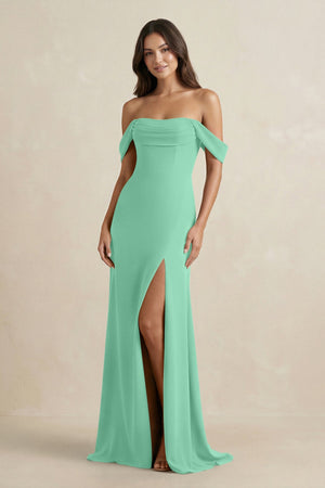 Off - the - Shoulder Sheath Bridesmaid Dress with Slit in Turquoise - KISS BRIDAL Bridesmaid Dresses