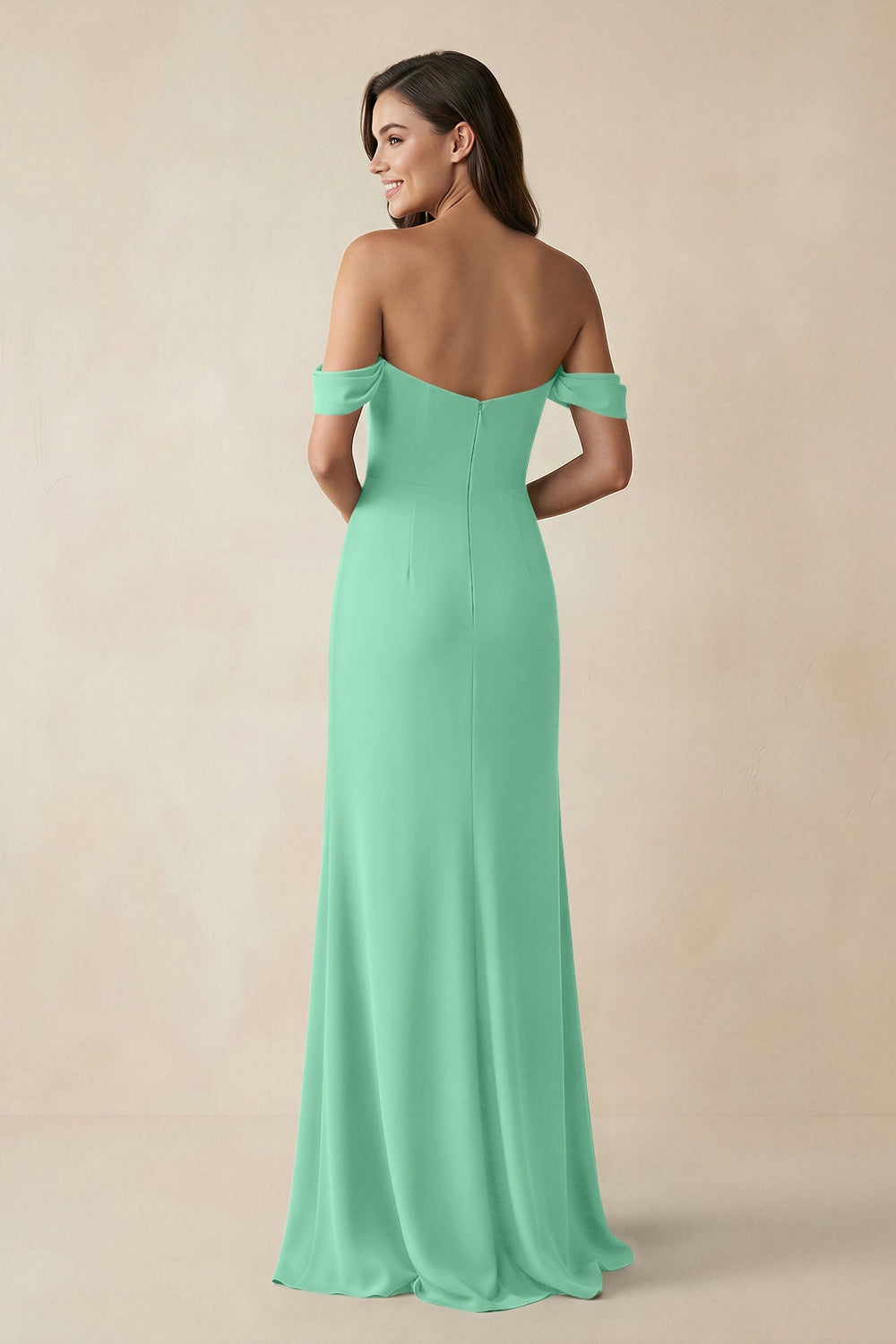 Off - the - Shoulder Sheath Bridesmaid Dress with Slit in Turquoise - KISS BRIDAL Bridesmaid Dresses