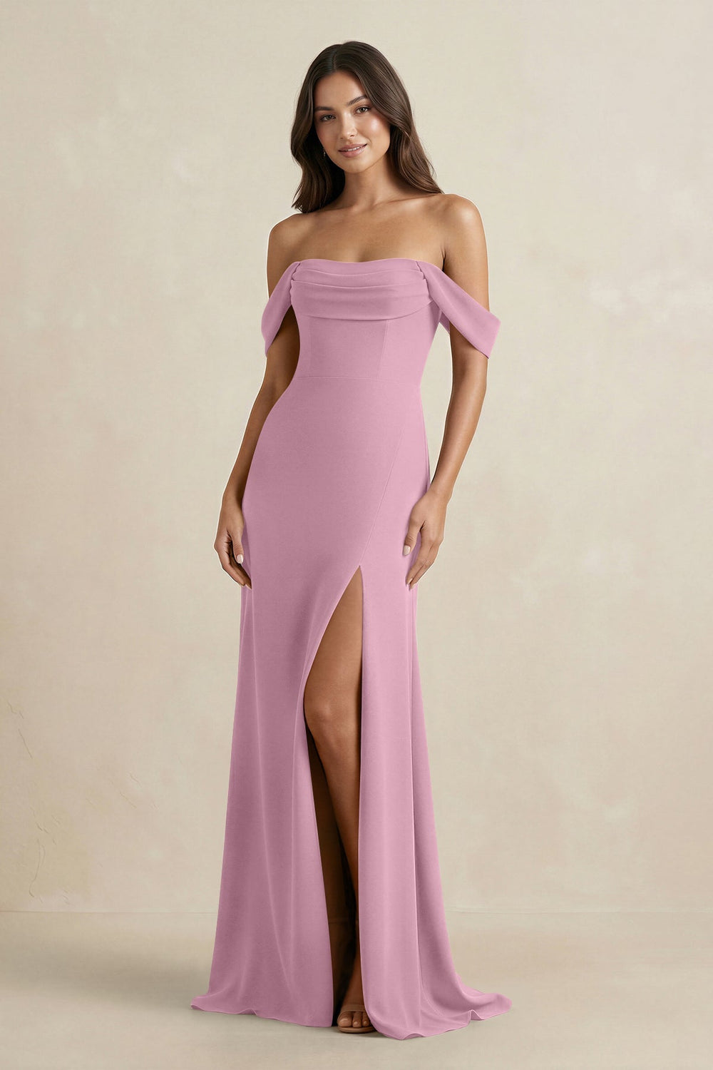 Off - the - Shoulder Sheath Bridesmaid Dress with Slit in Vintage Mauve - KISS BRIDAL Bridesmaid Dresses