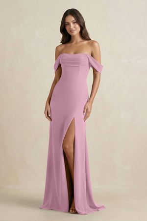 Off - the - Shoulder Sheath Bridesmaid Dress with Slit in Vintage Mauve - KISS BRIDAL Bridesmaid Dresses