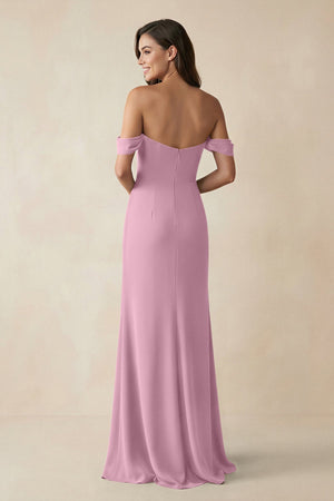 Off - the - Shoulder Sheath Bridesmaid Dress with Slit in Vintage Mauve - KISS BRIDAL Bridesmaid Dresses