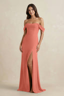 Off - the - Shoulder Sheath Bridesmaid Dress with Slit in Wild Rose - KISS BRIDAL Bridesmaid Dresses