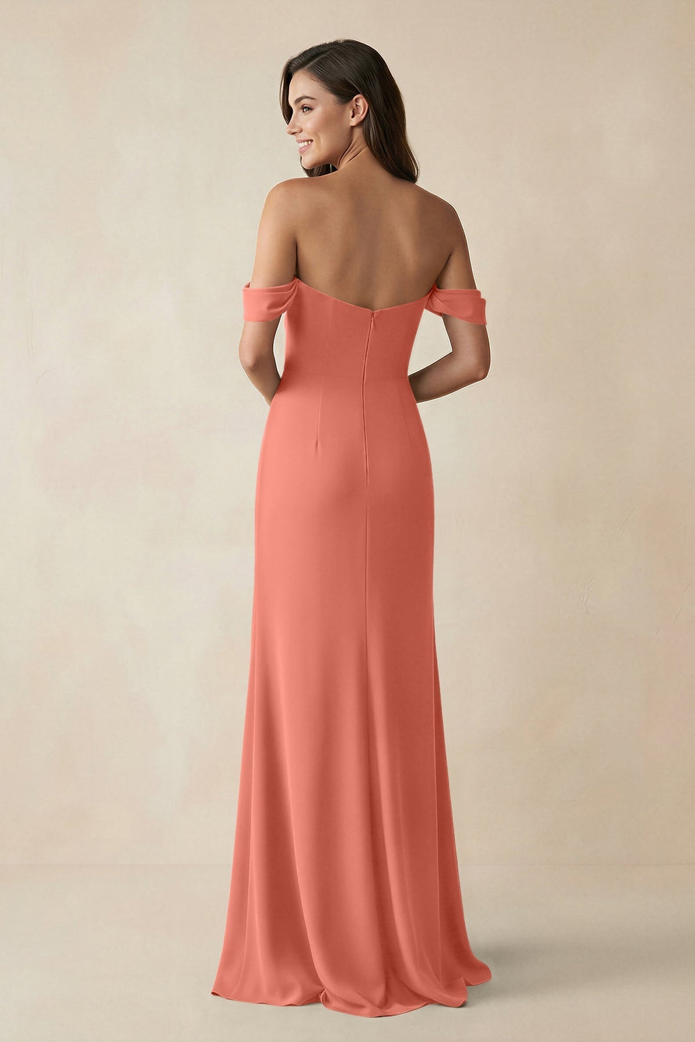 Off - the - Shoulder Sheath Bridesmaid Dress with Slit in Wild Rose - KISS BRIDAL Bridesmaid Dresses