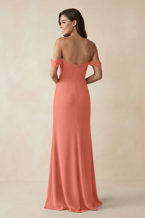 Off - the - Shoulder Sheath Bridesmaid Dress with Slit in Wild Rose - KISS BRIDAL Bridesmaid Dresses