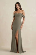 Off - the - Shoulder Sheath Bridesmaid Dress with Slit in Willow Green - KISS BRIDAL Bridesmaid Dresses