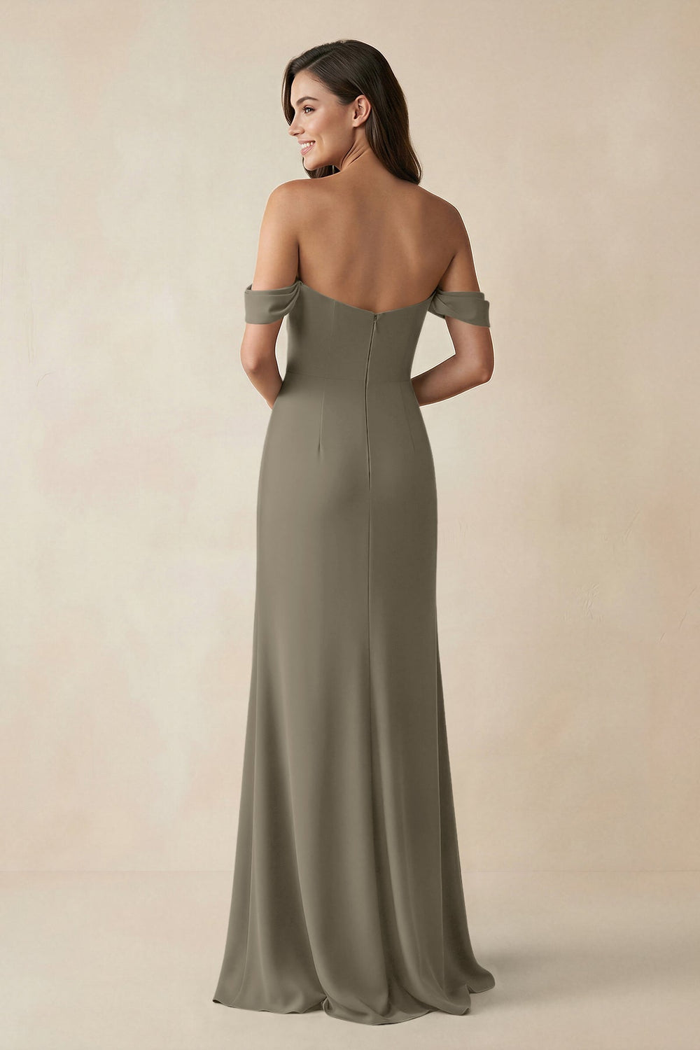Off - the - Shoulder Sheath Bridesmaid Dress with Slit in Willow Green - KISS BRIDAL Bridesmaid Dresses
