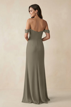 Off - the - Shoulder Sheath Bridesmaid Dress with Slit in Willow Green - KISS BRIDAL Bridesmaid Dresses