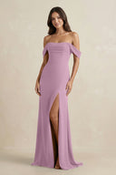 Off - the - Shoulder Sheath Bridesmaid Dress with Slit in Wisteria - KISS BRIDAL Bridesmaid Dresses