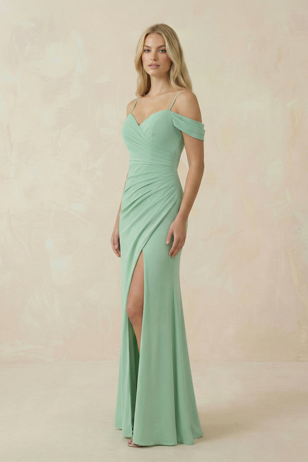 Off - the - Shoulder Sheath Chiffon Ruched Bridesmaid Dress - SHE IS ME Bridesmaid Dresses