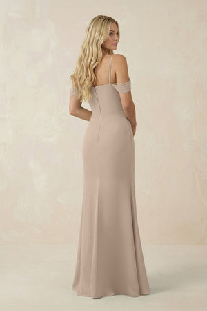 Off - the - Shoulder Sheath Chiffon Ruched Bridesmaid Dress in Almond - SHE IS ME Bridesmaid Dresses