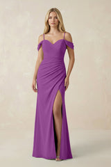 Off - the - Shoulder Sheath Chiffon Ruched Bridesmaid Dress in Amethyst - KISS BRIDAL Bridesmaid Dresses