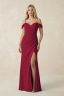Off - the - Shoulder Sheath Chiffon Ruched Bridesmaid Dress in Berry - SHE IS ME Bridesmaid Dresses