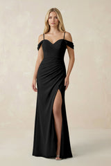 Off - the - Shoulder Sheath Chiffon Ruched Bridesmaid Dress in Black - KISS BRIDAL Bridesmaid Dresses
