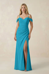 Off - the - Shoulder Sheath Chiffon Ruched Bridesmaid Dress in Blue Jay - KISS BRIDAL Bridesmaid Dresses