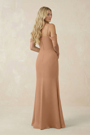 Off - the - Shoulder Sheath Chiffon Ruched Bridesmaid Dress in Bronzer - SHE IS ME Bridesmaid Dresses