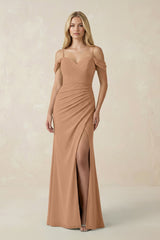 Off - the - Shoulder Sheath Chiffon Ruched Bridesmaid Dress in Bronzer - KISS BRIDAL Bridesmaid Dresses