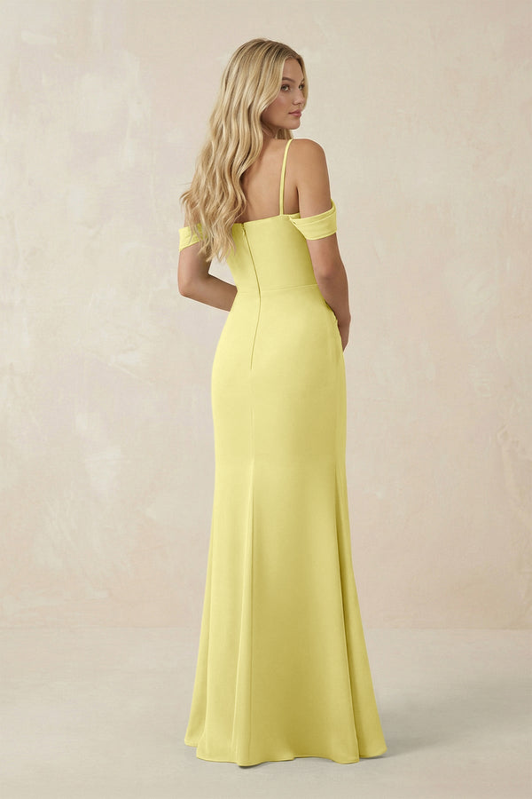 Off - the - Shoulder Sheath Chiffon Ruched Bridesmaid Dress in Buttercup - SHE IS ME Bridesmaid Dresses