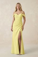 Off - the - Shoulder Sheath Chiffon Ruched Bridesmaid Dress in Buttercup - KISS BRIDAL Bridesmaid Dresses