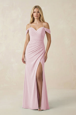 Off - the - Shoulder Sheath Chiffon Ruched Bridesmaid Dress in Candy Pink - SHE IS ME Bridesmaid Dresses