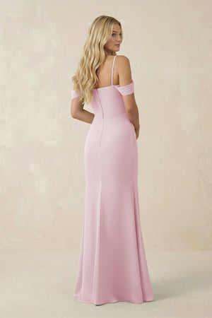Off - the - Shoulder Sheath Chiffon Ruched Bridesmaid Dress in Candy Pink - SHE IS ME Bridesmaid Dresses