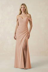 Off - the - Shoulder Sheath Chiffon Ruched Bridesmaid Dress in Champagne Rose - KISS BRIDAL Bridesmaid Dresses