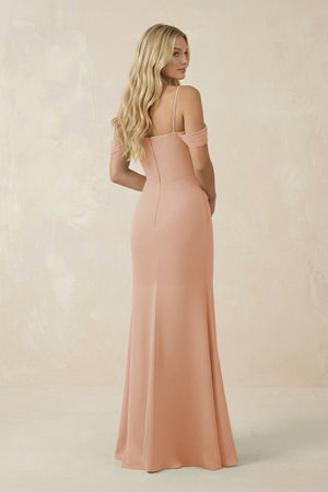 Off - the - Shoulder Sheath Chiffon Ruched Bridesmaid Dress in Champagne Rose - SHE IS ME Bridesmaid Dresses