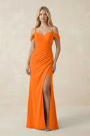 Off - the - Shoulder Sheath Chiffon Ruched Bridesmaid Dress in Cinnamon - SHE IS ME Bridesmaid Dresses