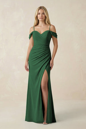 Off - the - Shoulder Sheath Chiffon Ruched Bridesmaid Dress in Dark Green - SHE IS ME Bridesmaid Dresses