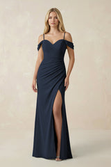 Off - the - Shoulder Sheath Chiffon Ruched Bridesmaid Dress in Dark Navy - KISS BRIDAL Bridesmaid Dresses