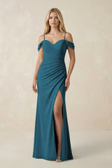Off - the - Shoulder Sheath Chiffon Ruched Bridesmaid Dress in Dark Teal - KISS BRIDAL Bridesmaid Dresses