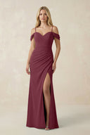 Off-the-Shoulder Sheath Chiffon Ruched Bridesmaid Dress in Desert Rose | KISSBRIDAL